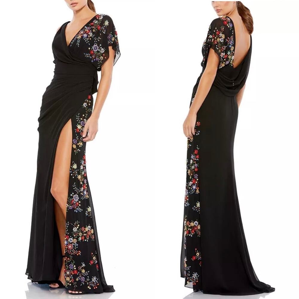 Mac Duggal Faux Wrap Multi Colored Beaded Floral Ruched Gown G1690 Sz 8 NWT